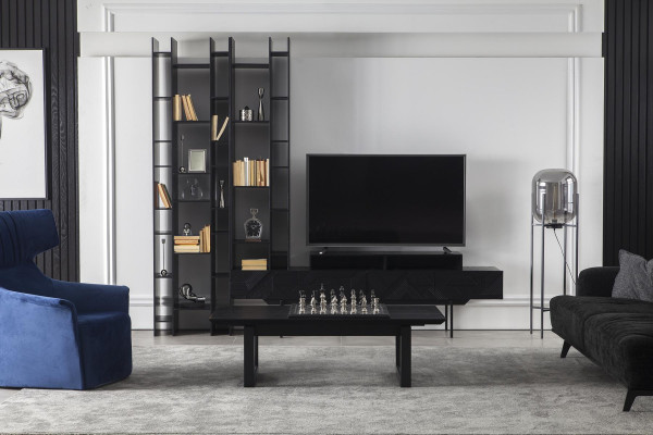 Black wall unit, high-quality cabinet walls, luxury extension wall, 2-piece coffee table