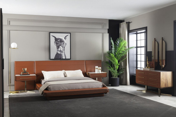 Luxury Bedroom Set Orange Terracotta Bed Leather Dresser Nightstand 4-piece Set.