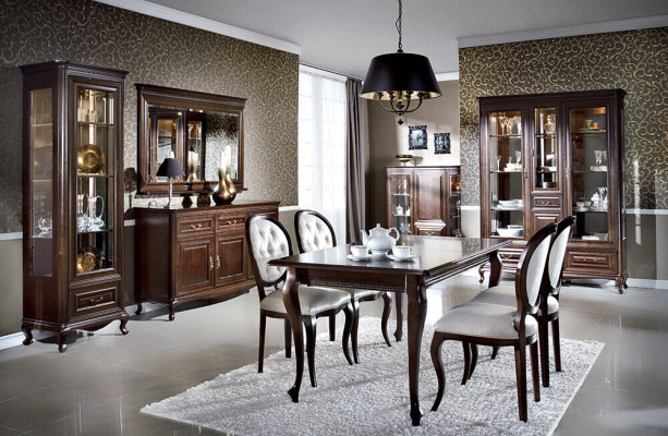 Dark-brown wooden dining table classic leather Chesterfield chairs designer 5-piece set