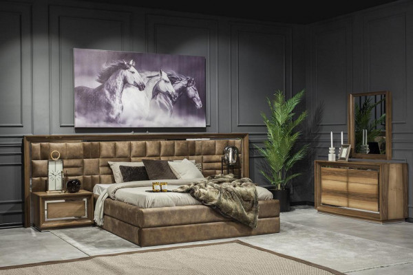 Elegant brown bedroom dresser, wardrobe, bed furniture, 6 pieces.
