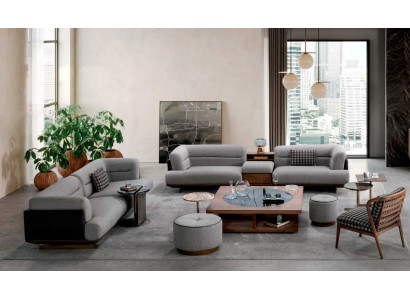 Luxury living room set gray sofa with armchair 2x ottoman modern design