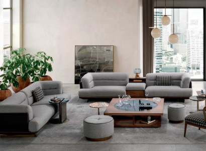 Luxury living room set gray sofa with armchair 2x ottoman modern design