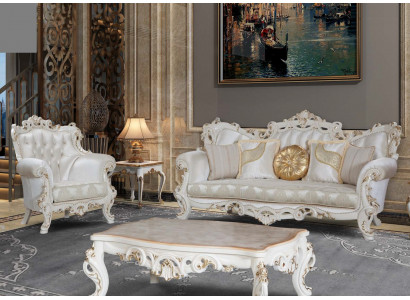 Chesterfield Sofa Upholstery Set 3+1 Seat White Fabric Three-Seater Coffee Table