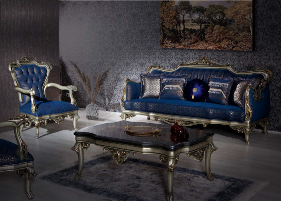 A fabulous armchair in classic style in blue with decorative patterns