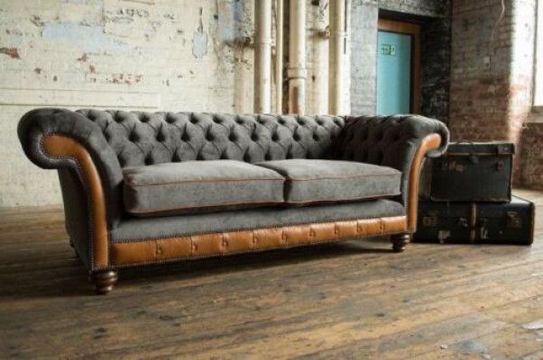 XXL Sofa 3 Seater Couch Chesterfield Upholstered Seating Suite Leather Textile New Gray