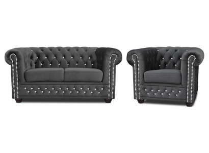 Chesterfield Textile Couch Upholstered 2-Seater Fabric Sofas Couches Loveseat Black