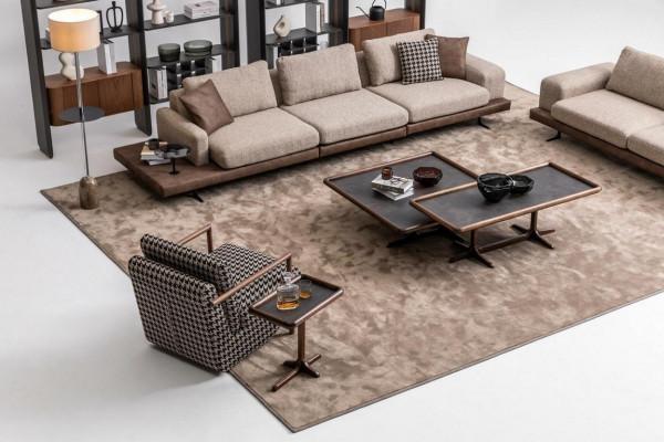 Brown textile sofa set living room couch three-seater luxury wooden furniture