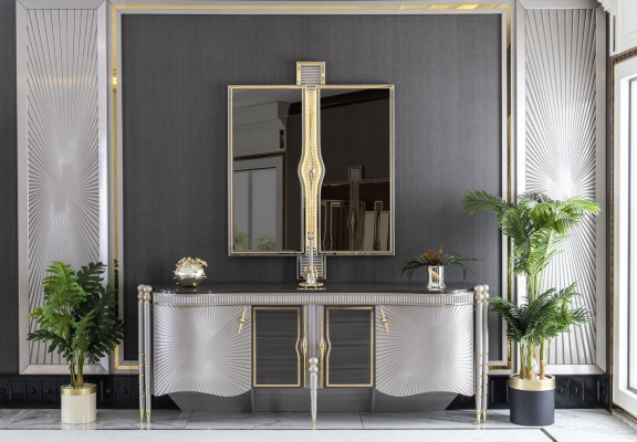Dining Room Set Gray Sideboard Beautiful Mirror Luxury Design Elegant Modern 2 pcs.
