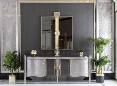 Dining Room Set Gray Sideboard Beautiful Mirror Luxury Design Elegant Modern 2 pcs.