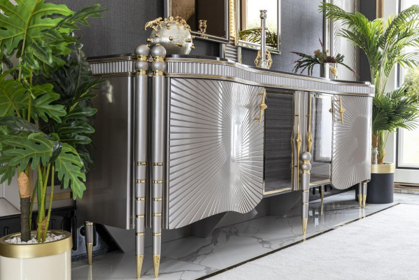Dining Room Set Gray Sideboard Beautiful Mirror Luxury Design Elegant Modern 2 pcs.