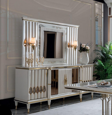 Dining Room Set White Sideboard Mirror Modern Luxury Design Elegant New 2-piece.