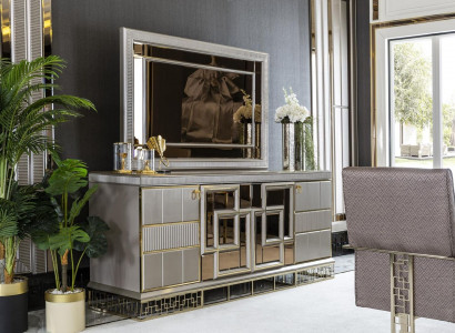 Dining Room Set Gray Sideboard Mirror Luxury Beautiful Design Elegant New 2-piece.