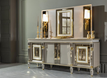 Dining room set white sideboard mirror elegant design metal luxury new 2-piece set.
