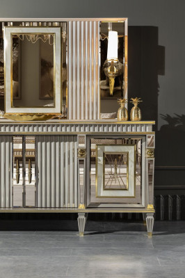 Dining room set white sideboard mirror elegant design metal luxury new 2-piece set.