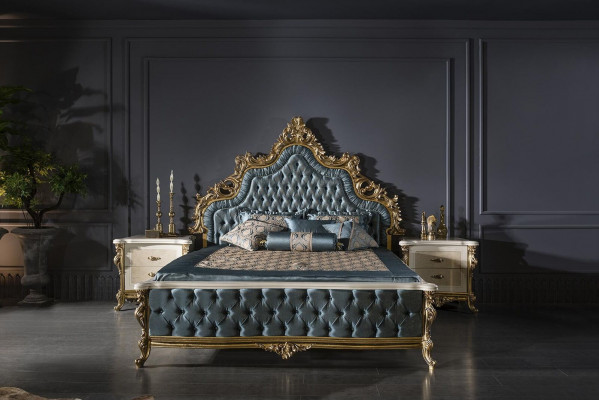Classic Chesterfield Bed Bedroom Set Blue 2x Nightstands Gold 3-piece.