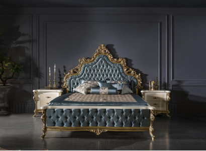 Classic Chesterfield Bed Bedroom Set Blue 2x Nightstands Gold 3-piece.