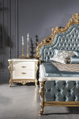 Classic Chesterfield Bed Bedroom Set Blue 2x Nightstands Gold 3-piece.