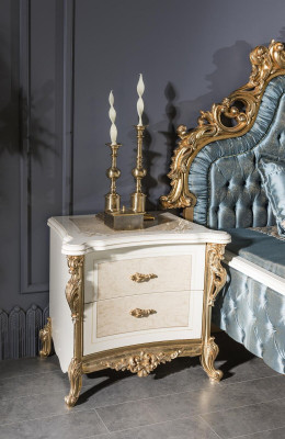 Classic Chesterfield Bed Bedroom Set Blue 2x Nightstands Gold 3-piece.
