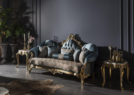 Living room set blue sofa set armchair 2x side table coffee table 5-piece.