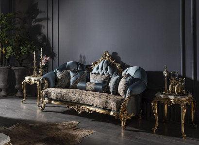 Living Room Set Blue Sofa 3-Seater Elegant 2x Side Table Design New 3-piece.