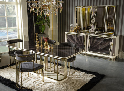 Dining room set gold 4x chairs dining table sideboard mirror design 7-piece.