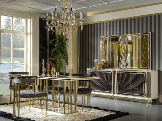Dining room set gold 4x chairs dining table sideboard mirror design 7-piece.