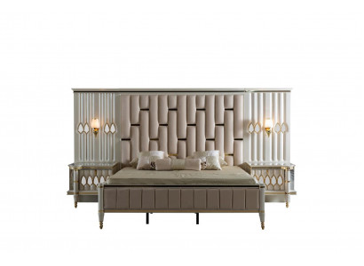 Luxury bedroom bed with 2 bedside table consoles design beds upholstery 3-piece set.