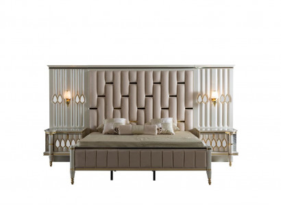 Luxury bedroom bed with 2 bedside table consoles design beds upholstery 3-piece set.