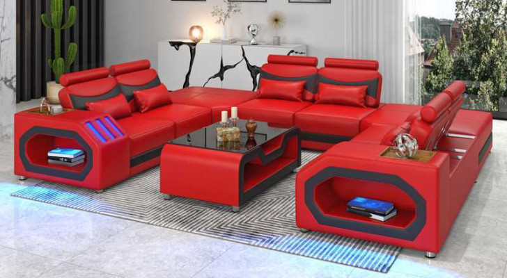 Design living landscape large sofa XXL U shape corner sofa leather sofa red LED