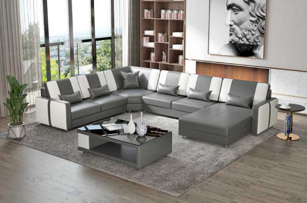 Large Living Landscape Sofa Corner Sofa U Shape Gray Faux Leather XXL Modern