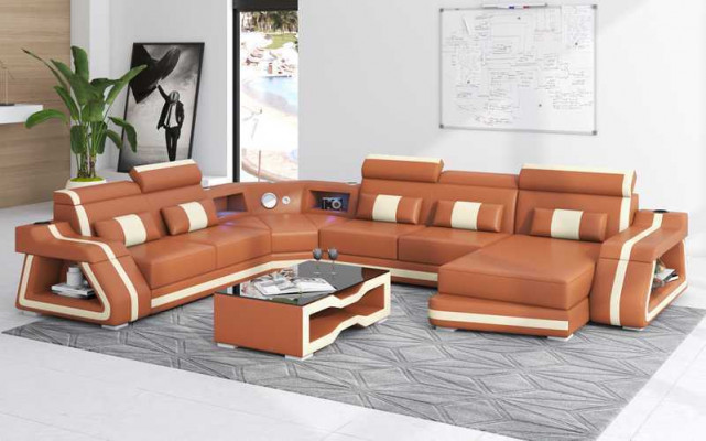Modern sectional sofa U-shape large leather sofa brown sofas