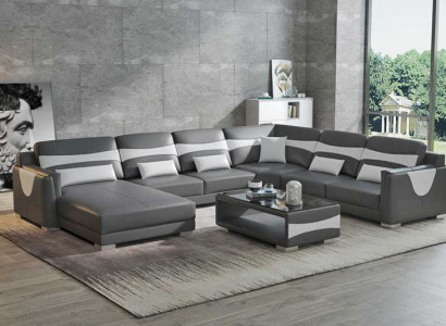 Large sectional U-shaped sofa, corner sofa, leather sofa, gray faux leather, new