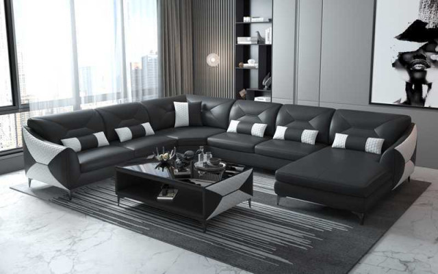 Large living landscape sofa U-shaped corner sofa leather sofa black faux leather