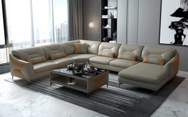 Large living landscape sofa U-shaped corner sofa leather sofa black faux leather