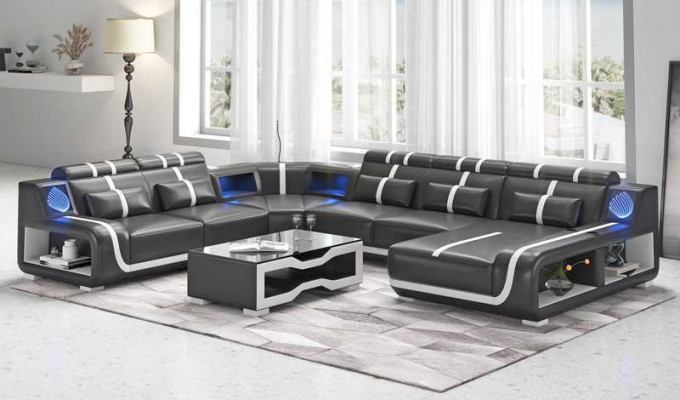 XXL living landscape sofa U-shape large corner sofa leather sofa black sofas