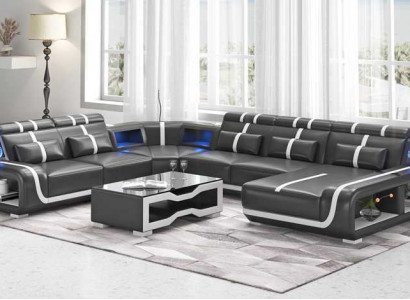 XXL living landscape sofa U-shape large corner sofa leather sofa black sofas