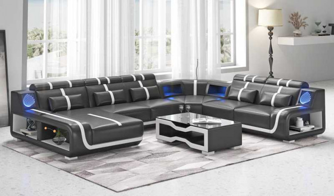 XXL living landscape sofa U-shape large corner sofa leather sofa black sofas