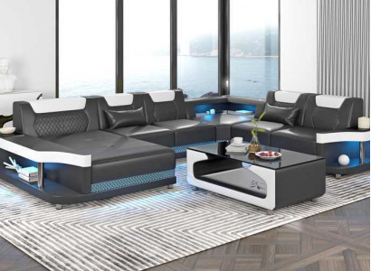 Large Sofa Living Landscape LED XXL U-Shape Corner Sofa Leather Sofa Black