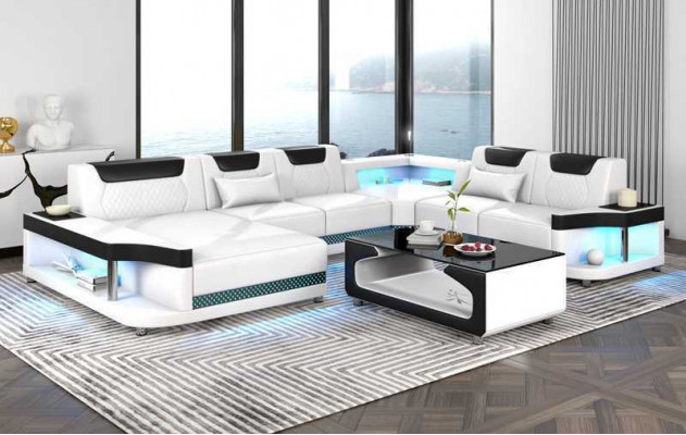 Large Sofa Living Landscape LED XXL U-Shape Corner Sofa Leather Sofa Black