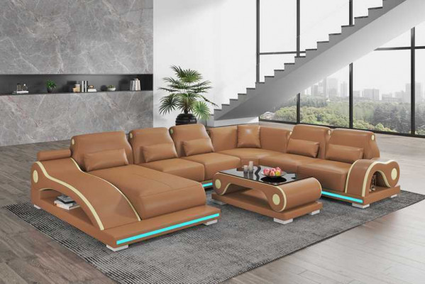 XXL Living Room Sofa U-Shape Large Corner Sofa Leather Sofa Brown Sofas New