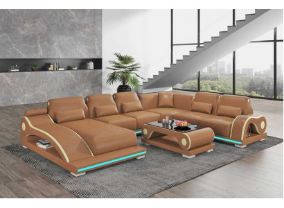 XXL Living Room Sofa U-Shape Large Corner Sofa Leather Sofa Brown Sofas New