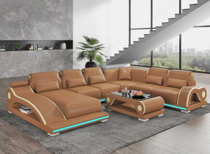 XXL Living Room Sofa U-Shape Large Corner Sofa Leather Sofa Brown Sofas New