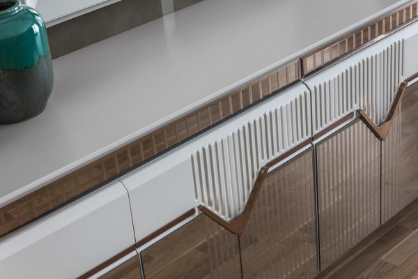 Designer dining room set consists of a 2-piece sideboard, mirror, dresser, silver.