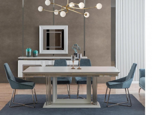 Designer dining room set consists of a 2-piece sideboard, mirror, dresser, silver.