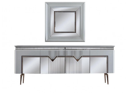 Designer dining room set consists of a 2-piece sideboard, mirror, dresser, silver.