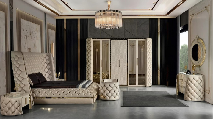 Bedroom set Chesterfield furniture design bed wardrobe mirror 7-piece.