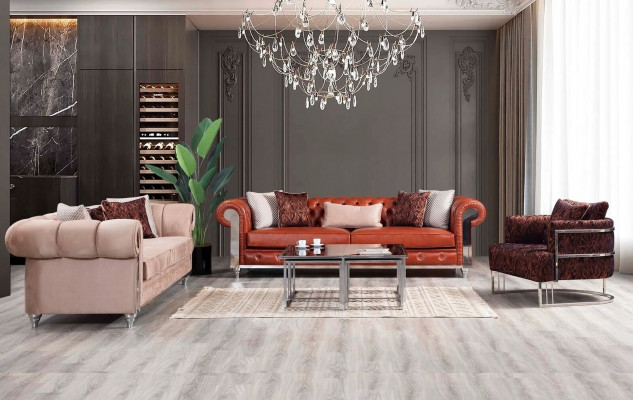 Chesterfield Sofa Set Three-Seater Brown Sofa Set Upholstered Sofa