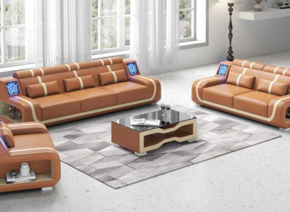 Living room complete leather sofas couch set brown 3-piece set