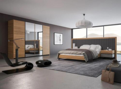 Bedroom set 3-piece double bed modern 2x bedside tables wood design complete