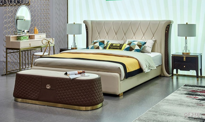 Set Bedroom Luxury Leather Beds Bed 2x Nightstands Stool Double Bed